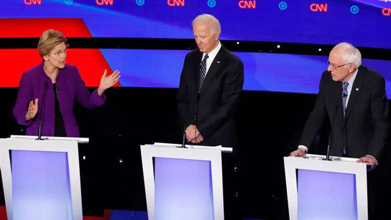 Warren, Biden and Sanders at Democratic debate, January 14, 2020