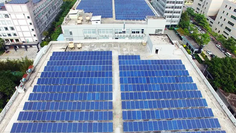 Solar panels on roofs of buildings
